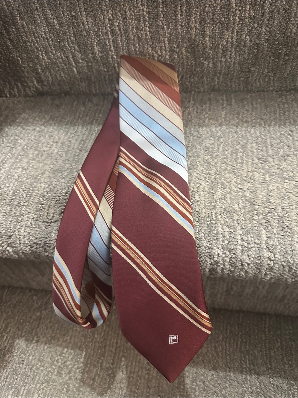 Vintage Paco Rabanne Paris Burgundy Striped Tie with Blue and Tan Bands